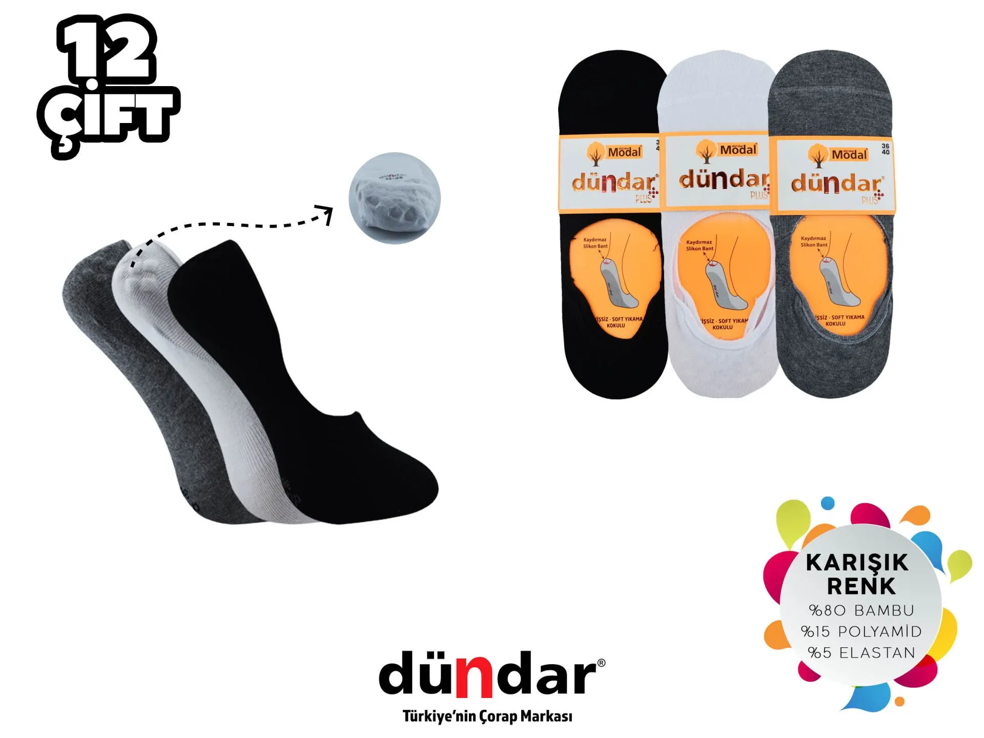 Dündar Dikişsiz Yıkamalı Kokulu Bayan Likralı Modal Babet Çorap 12'li